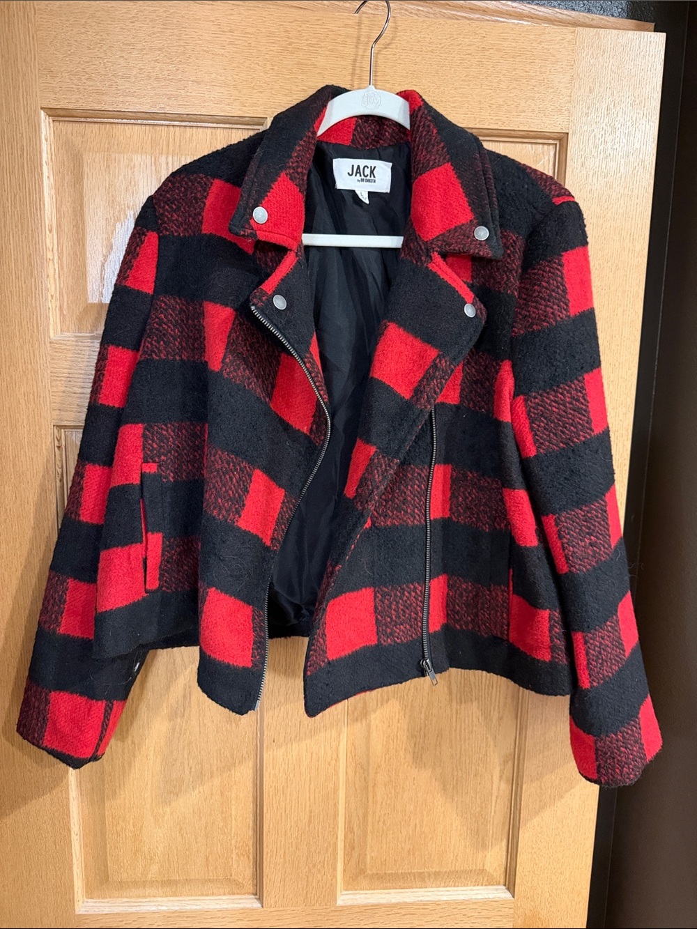 Jack by BB Dakota Red and Black Plaid Moto Jacket